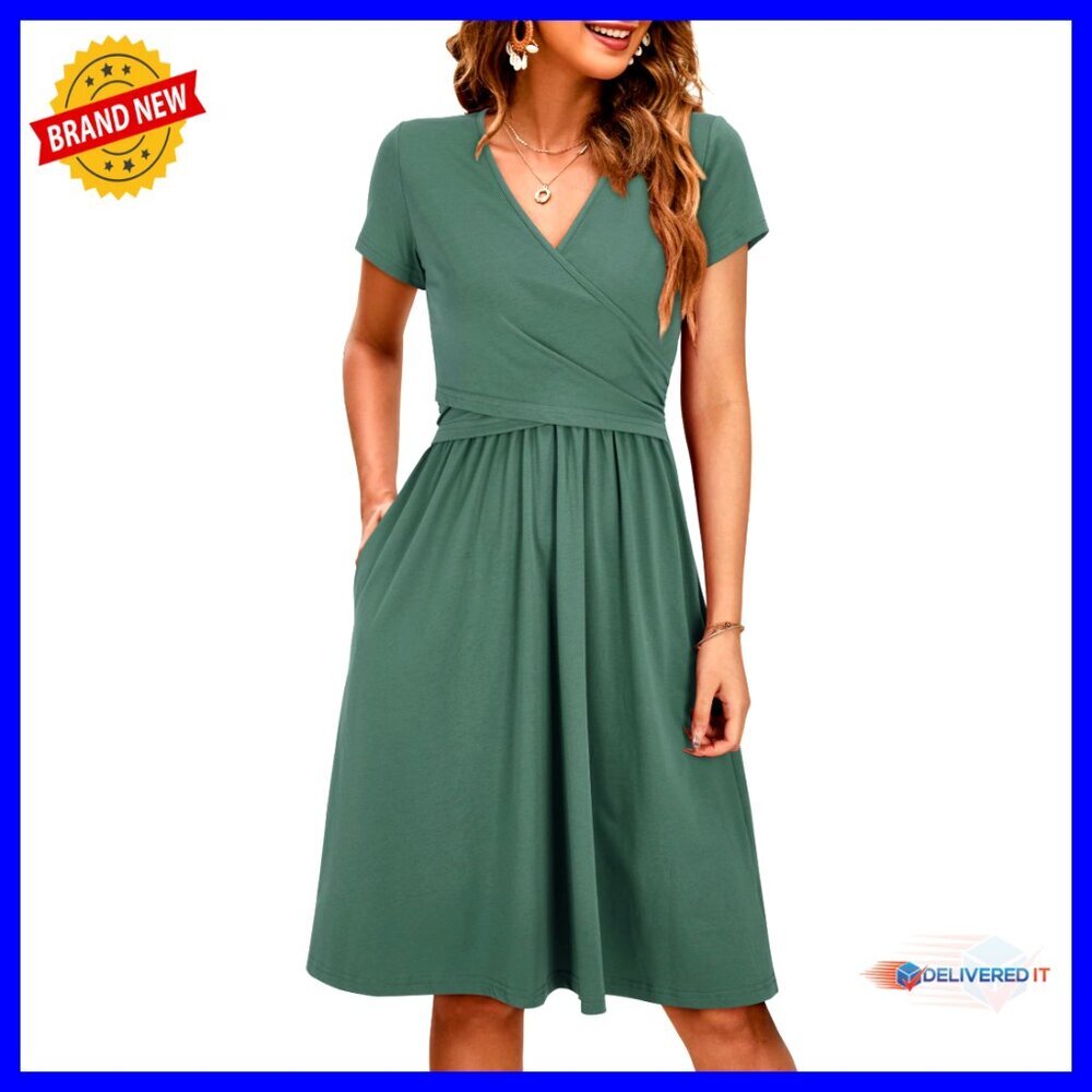 Maternity Nursing Dress Short Sleeve V Neck Pockets Summer Casual